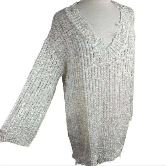 Davi & Dani y2k distressed frayed ripped v neck sweater cream oatmeal - Picture 4 of 9
